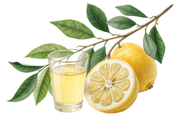 A glass of limoncello with lemons and leaves on a branch against a transparent background image view