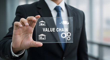 Businessman Holding Transparent Screen Showing Value Chain Management Process Warehouses Delivery Logistics Supply Chain Optimization