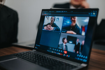 A laptop displaying a video conference with multiple participants, showcasing a modern online business meeting environment. The image highlights remote collaboration, teamwork, and communication