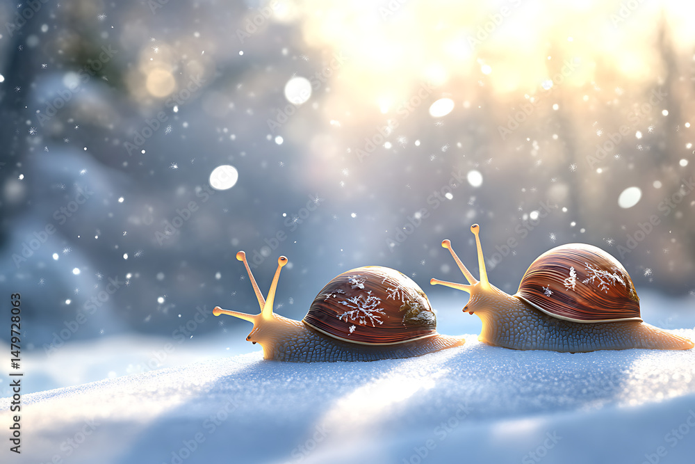 Poster two snails moving gracefully across a snowy landscape with soft sunlight filtering through trees