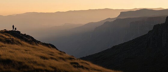 Mother and Child Silhouette Admiring Mountain View at Sunset Dramatic Landscape Photography Drakensberg South Africa