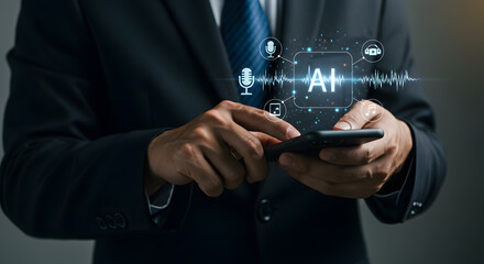 A businessman uses AI technology on his smartphone showcasing artificial intelligence innovation future business mobile apps digital transformation smart technology.