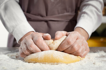 Baking concept. Caucasian female hands kneading the dough.