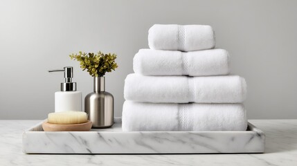 Stack of white rolled towels with minimalist bathroom accessories on a marble tray