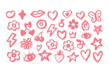 Punk girl doodle graffiti set. cute crayon hearts, cherries, bows, rockstar grunge icons, Y2K sketch tattoos, chalk scribble style. Vector Clipart Vector Illustration.