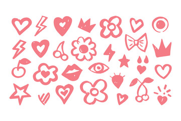 Punk girl doodle graffiti set. cute crayon hearts, cherries, bows, rockstar grunge icons, Y2K sketch tattoos, chalk scribble style. Vector Clipart Vector Illustration.