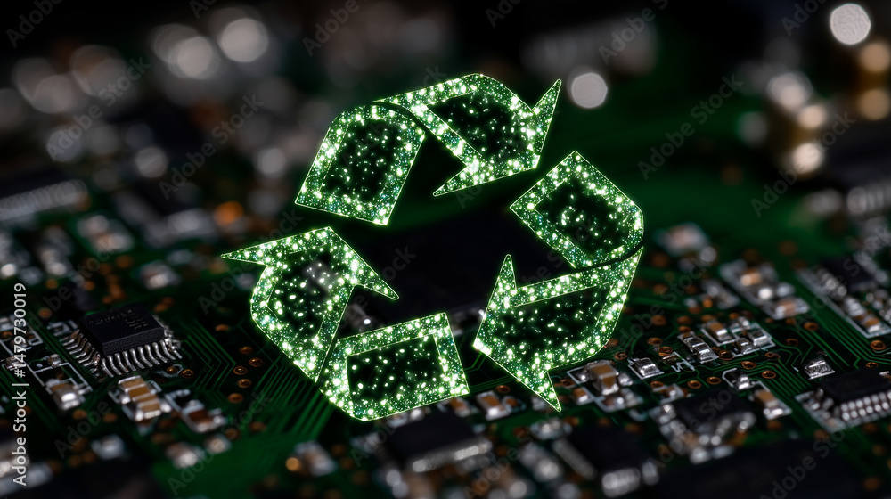 Poster abstract close-up of a green circuit board where conductive lines form the universal recycling icon,