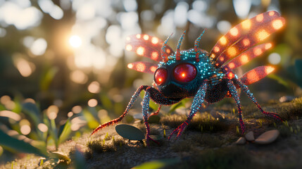 Fototapeta premium A vibrant, glowing insect with luminous wings and red eyes perched on a mossy surface in a sunlit forest setting