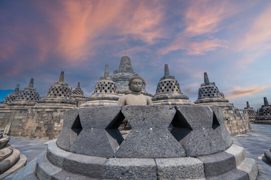 Borobudur, a 9th-century Mahayana Buddhist temple in Magelang Regency Yogyakarta in Java, Indonesia