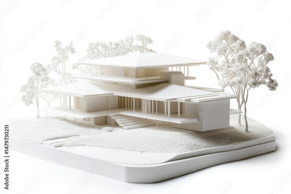 Poster architectural house model displayed in studio lighting with trees and modern design elements