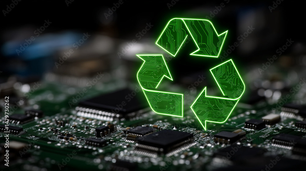 Poster stylized green recycle symbol layered over a complex network of microchips and conductive paths, rep
