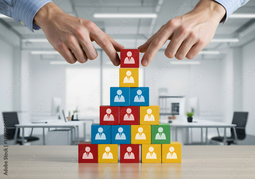 Poster building a successful team hierarchy using colorful blocks representing employees in a modern office
