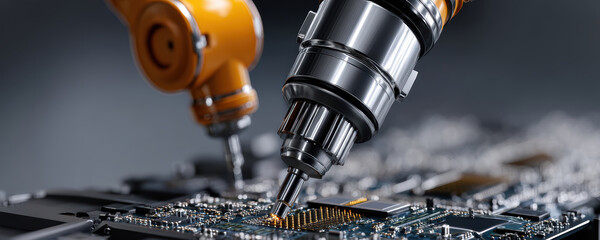 Robotic arms assembling components on an electronic circuit board in a high-tech manufacturing process.