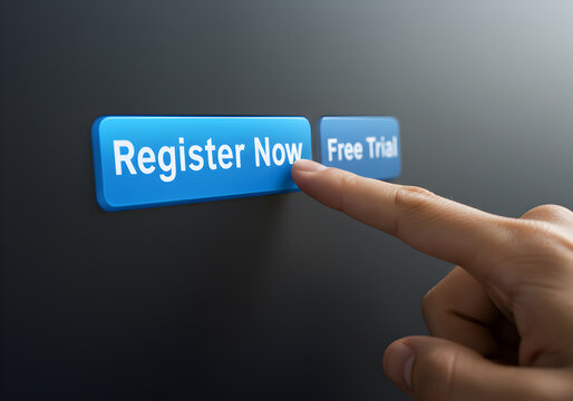 A finger presses a vibrant blue Register Now button online a Free Trial option is also available showcasing online registration and subscription services for software websites or apps.