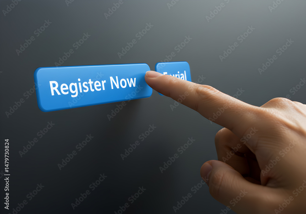Poster a hand clicks the register now button online emphasizing the ease of signing up for a service or tri