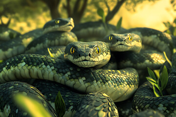 Fototapeta premium Three snakes intertwined in a lush, green environment with sunlight filtering through trees