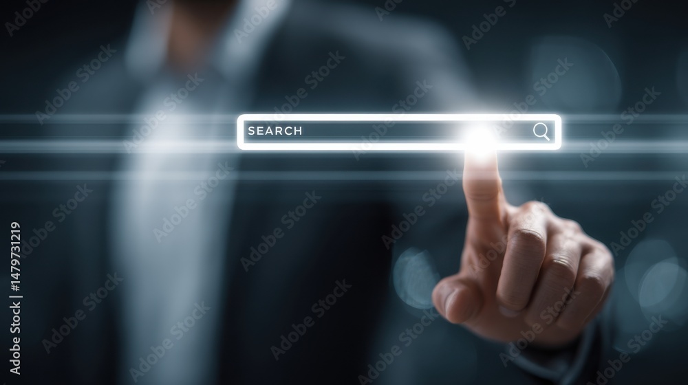 Poster digital interaction with search bar by business professional in modern office setting