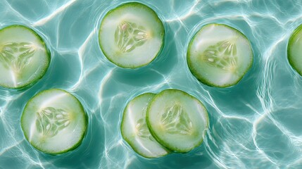 Top view of cucumber slices floating on the water in a luxury spa bath, soft focus and natural tones
