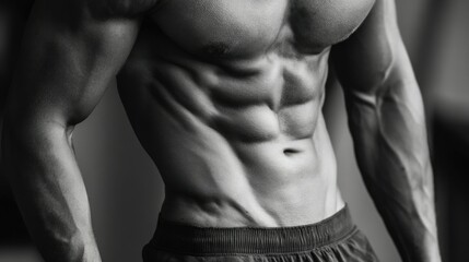 Naklejka premium Torso of a male athlete in motion, twisting during a workout, obliques and six-pack flexed dynamically