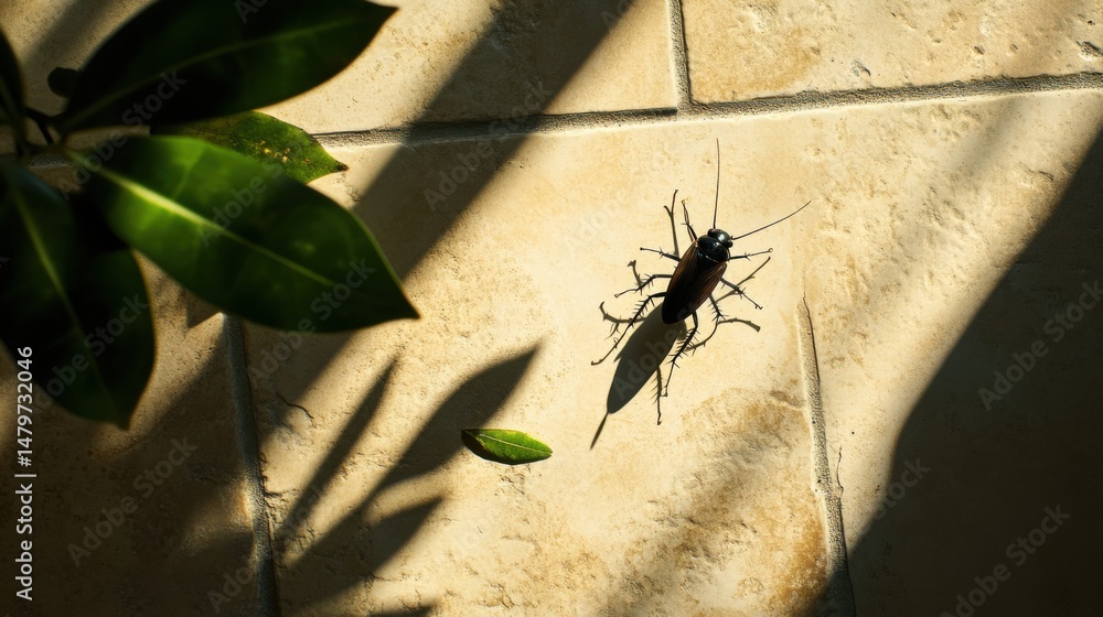 Poster cockroach crawling on tiled surface with leaf and shadow top-down view in sunlight pest insect
