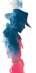 Colorful Abstract Silhouette of Man with Glowing Eyes and Thick Smoke in Blue and Red Hues

