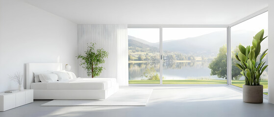 Fototapeta premium Modern Minimalist White Bedroom With Lake View