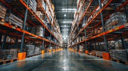 Fototapeta premium Warehouse interior showing rows of high metal shelving units stacked with inventory