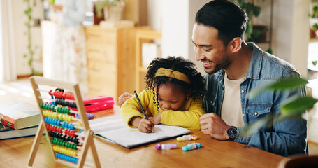 Happy, dad and helping child with homework, writing and smile for assignment, growth and...