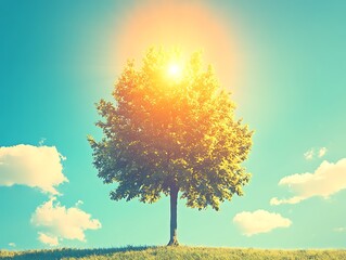 A solitary tree stands basking in the bright sunlight overhead