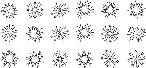 Hand Drawn Comic Firework and Starburst Icons. Decorative Explosion Doodle Set. Vector illustration