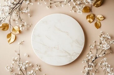 Minimalist display: Marble circle framed by delicate white flowers and gold leaves.