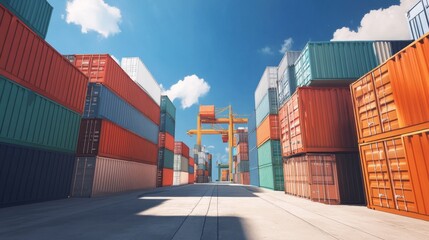Fototapeta premium Container handling operation shipping yard digital illustration urban environment aerial view logistics concept