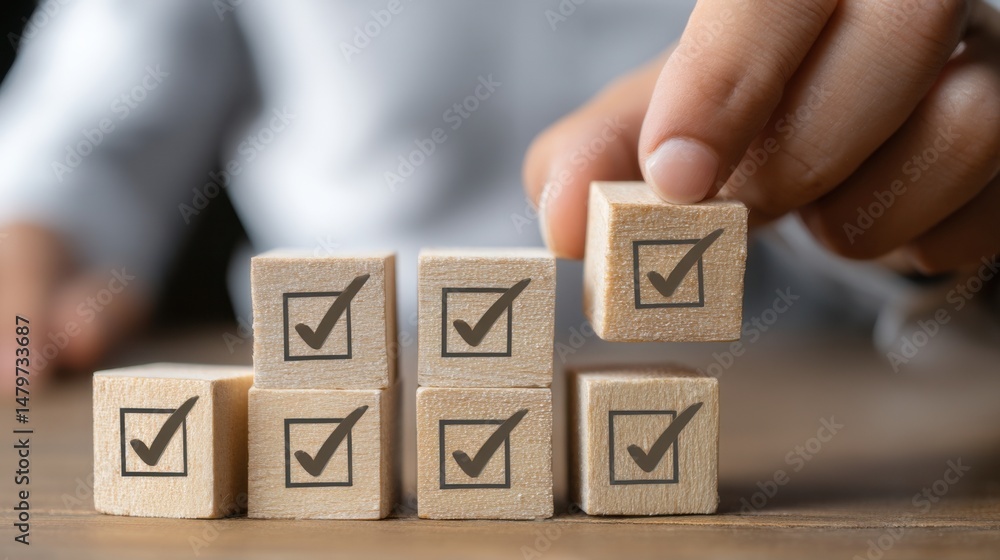 Poster hand arranging wooden blocks with check marks representing task completion on a wooden surface