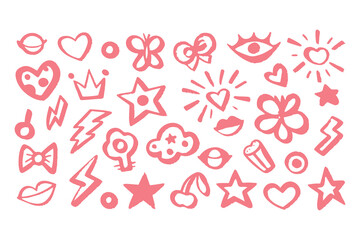Punk girl doodle graffiti set. cute crayon hearts, cherries, bows, rockstar grunge icons, Y2K sketch tattoos, chalk scribble style. Vector Clipart Vector Illustration.