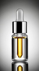 Naklejka premium Close-up of Glass Dropper Bottle with Golden Liquid, Studio Shot, Minimalist Style, Beauty Product, Healthcare Concept
