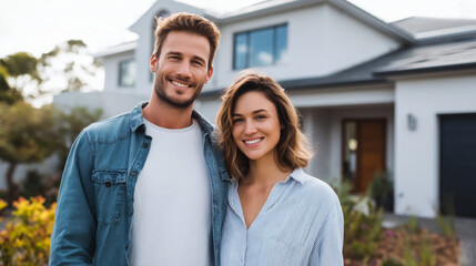 Young couple dressed casually, standing together outside their new modern house with some greenery, excited about starting a new chapter
