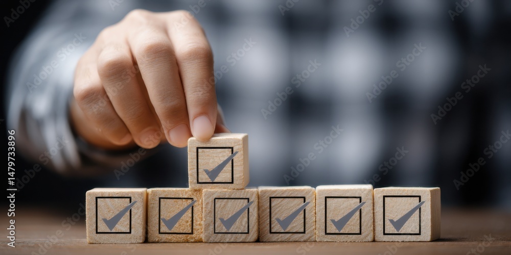 Poster stacking wooden blocks with checkmarks in a well-lit workspace during the day