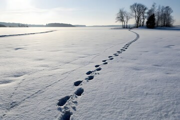 Footprints in the Snow Leading to a Distant Tree Line on a Clear Winter Day, Capturing the Serenity and Beauty of a Frozen Landscape