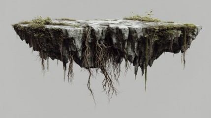 Floating rock platform with roots and vegetation