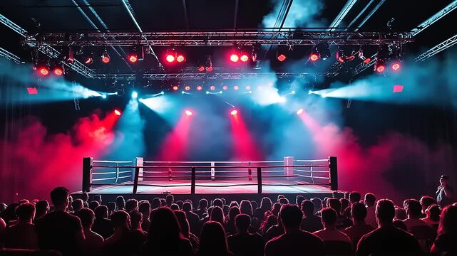 Spectacular boxing arena illuminated by vibrant lights with an eager audience in anticipation