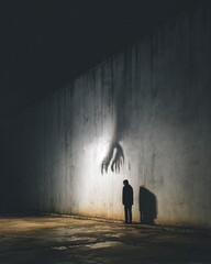 A person stands with their head down as a monstrous shadow looms behind them on the wall. The image symbolizes hidden fears, inner demons, and emotional vulnerability.