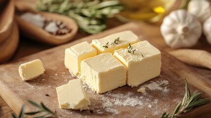 Cubed butter on wooden board with herbs and spices.  Ready for cooking