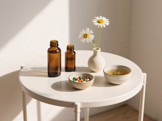 Fototapeta premium Serene Wellness Moment: Adaptogenic Supplements, Chamomile Tea, and Vitamins on a Minimalist Side Table for Holistic Health and Relaxation