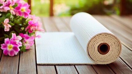 A yoga mat unrolling on a wooden floor, symbolizing relaxation and wellness
