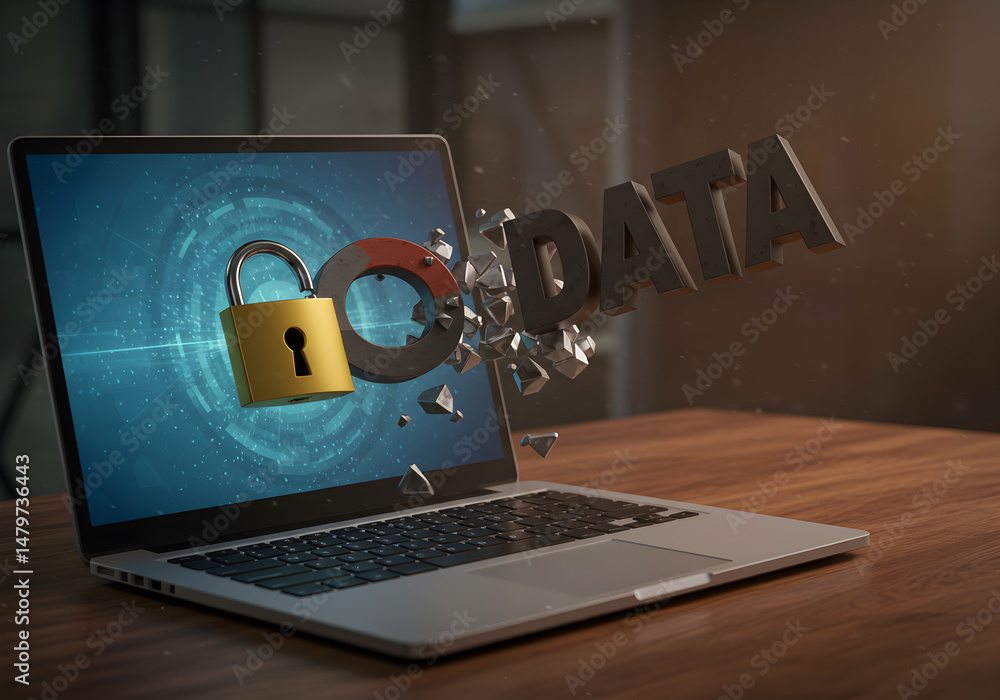 Poster secure your digital assets a laptop screen displays a padlock and data fragments breaking apart symb