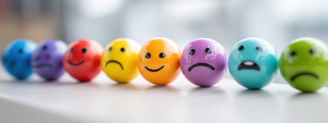 Obraz premium Colorful plastic balls with faces expressing different emotions lined up on a table indoors during daytime
