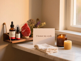 Minimalistic Shelf with Hormone Balance Supplements, Red Jasper Crystal, Herbal Tincture, Beeswax Candle, and Affirmation Card – Sacred Feminine Wellness Theme