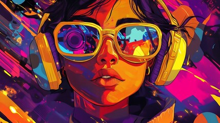 Stylish Woman with Headphones and Sunglasses in a Vibrant Abstract World