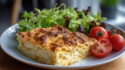 Rich lasagna with melted cheese accompanied by vibrant salad and tomatoes in a warmly lit restaurant atmosphere