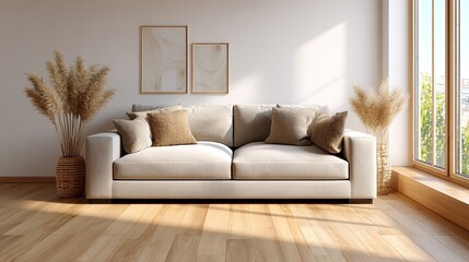 Fototapeta premium Cozy living room showcases an elegant sofa, abstract art, and natural lighting, enhanced by soft textures and wooden accents